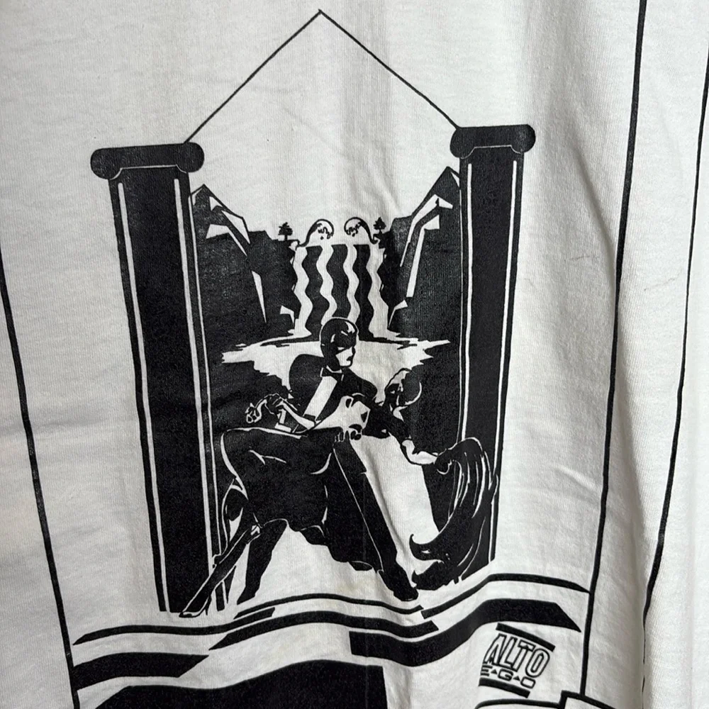 True 80s Vintage White Cotton T-Shirt Black Graphics Art Deco XL Oversized - Picture 3 of 5